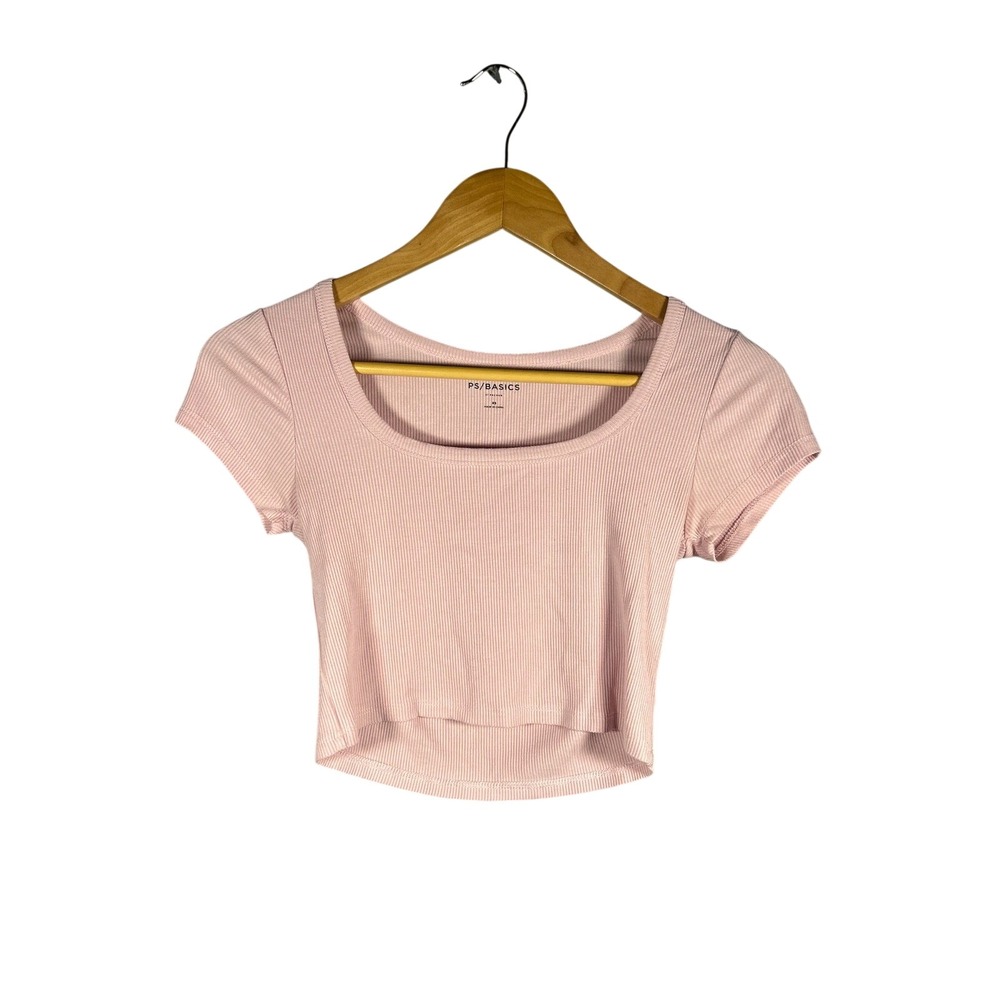 PS‎ Basics Ribbed Cropped Square Neck Top Pink Short Sleeve Women's XS